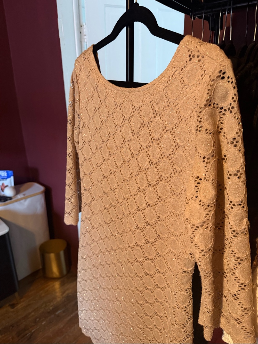 Ronni Nicole Beige Lace Knit Shift Dress - Long Sleeve